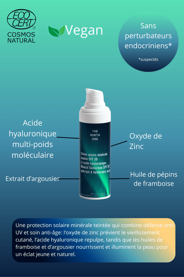 Crème Solaire Minérale SPF30 Teintée – à l’Acide Hyaluronique multi-poids, Hydratante & Fini Éclatant